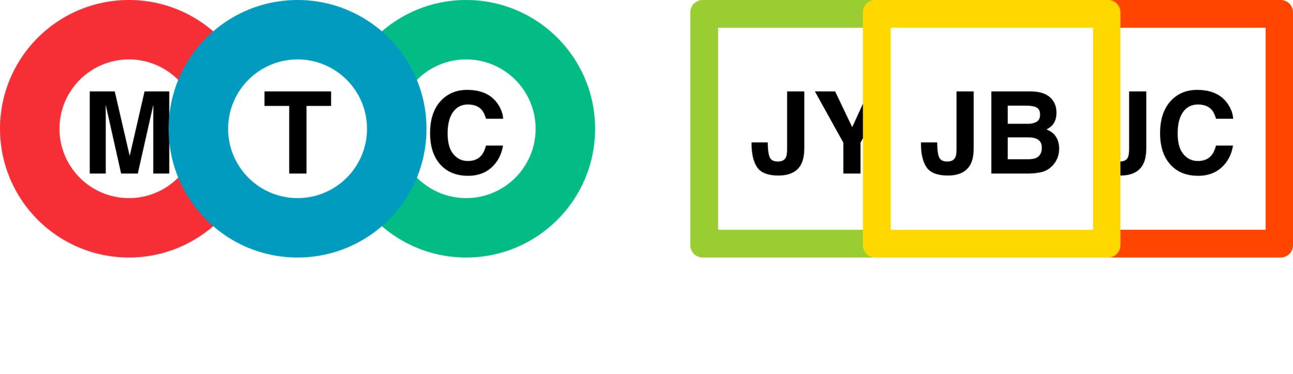 Vector art diagram showing the distinction between Subway Lines and Rail Lines in Japan. On the left, three colored circles (red, blue, and green) labeled “M,” “T,” and “C” represent three subway lines. On the right, three colored squares (green, yellow, and orange) labeled “JY,” “JB,” and “JC” represent rail lines.