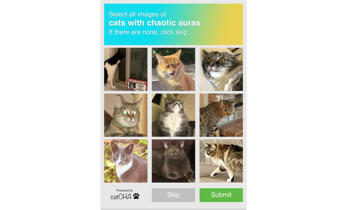 A visual CAPTCHA with the prompt "Select all images of cats with chaotic auras." Nine images of cats are listed.